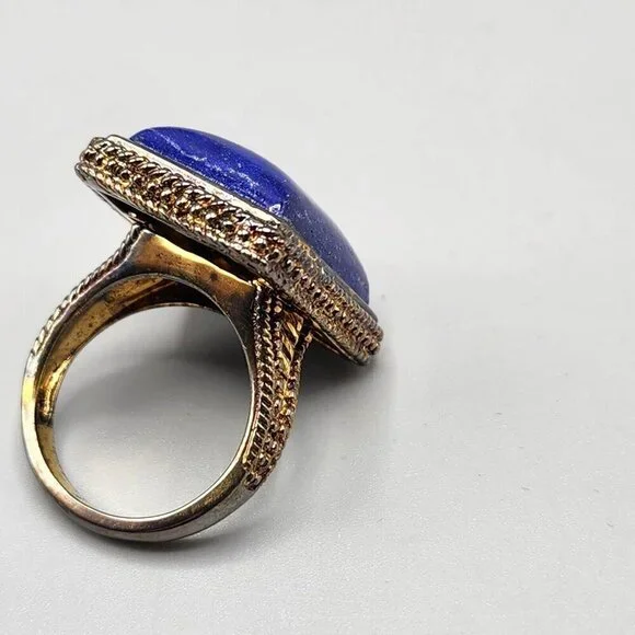 Lapiz Lazuli Rectangle Cocktail Ring RI China 925 Size 8 Sterling Silver - Picture 4 of 12